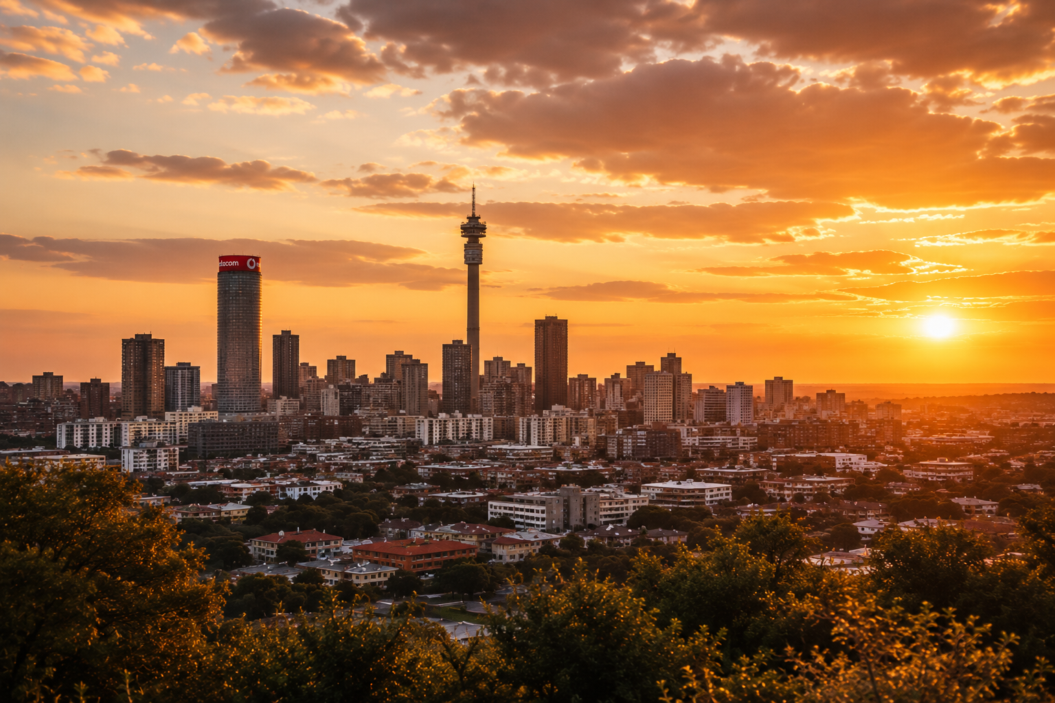 South African city skyline at sunset