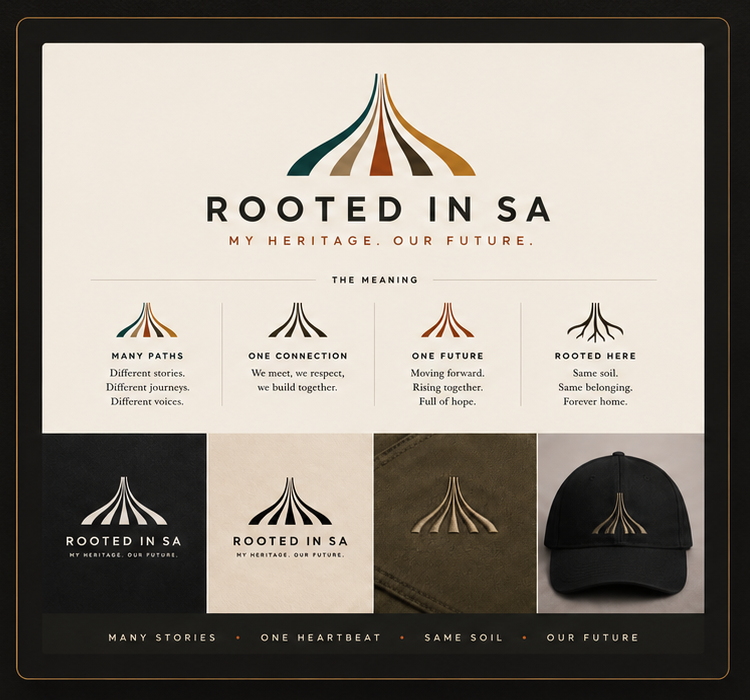 Rooted in SA apparel brand board showing the logo meaning, fabric applications and branded cap