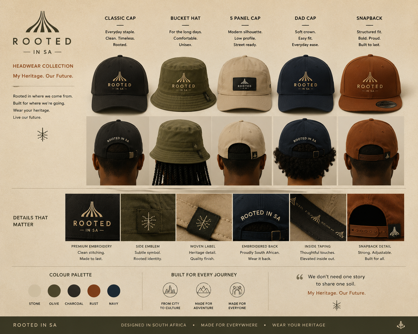 Rooted in SA Headwear Collection featuring classic, bucket, five-panel, dad and snapback hats with embroidered details