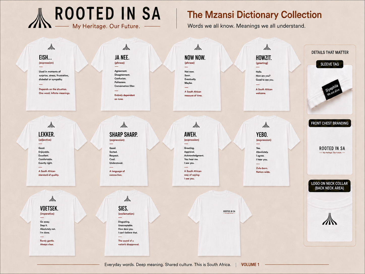 Rooted in SA Mzansi Dictionary Collection featuring ten South African phrase T-shirts and garment details