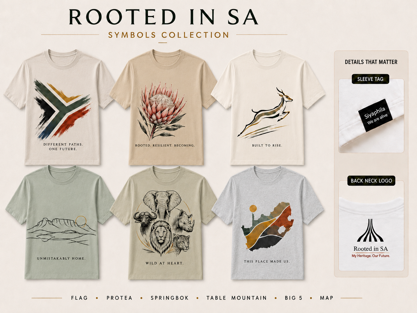 Rooted in SA Symbols Collection featuring flag, protea, springbok, Table Mountain, Big Five and South Africa map T-shirts