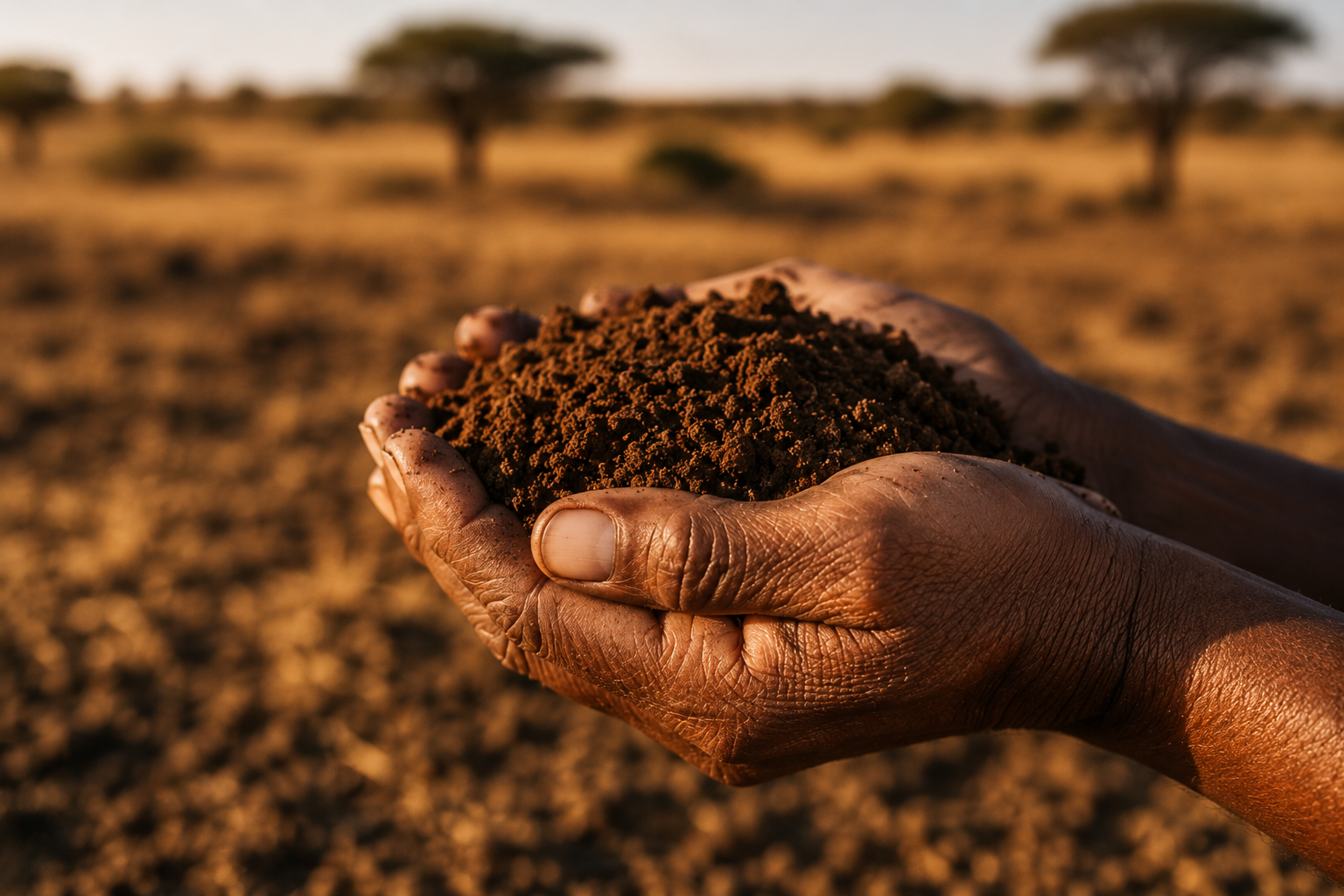 Hands holding South African soil in warm light