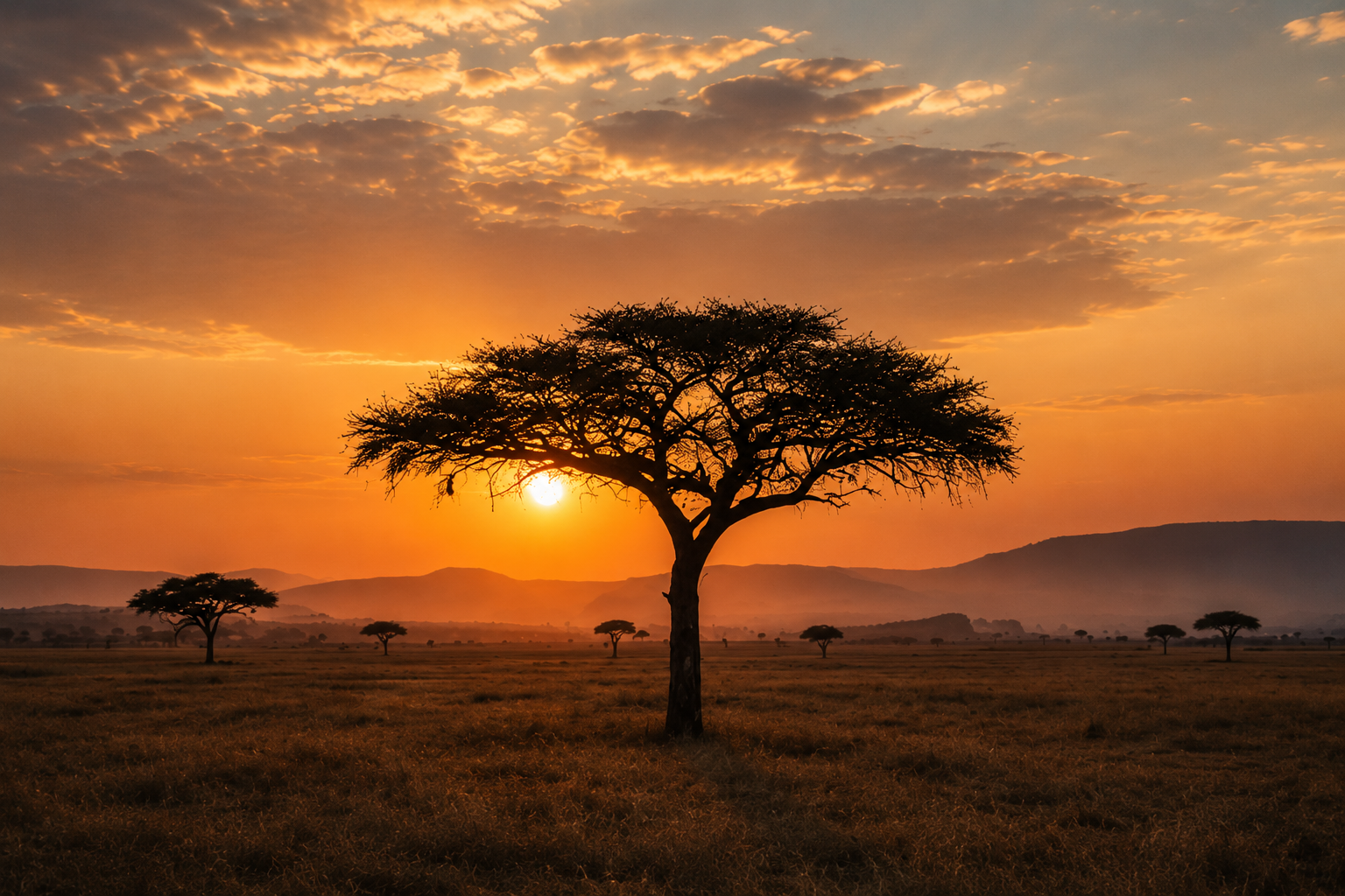 South African landscape at sunset with an acacia tree